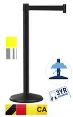The Visiontron Prime Outdoor Crowd Control Post, 10, includes a black stanchion with a yellow and black striped belt. Symbols denote durable materials and a 3-year warranty, and an icon emphasizes its weather-resistant design, ideal for managing crowds up to 10.