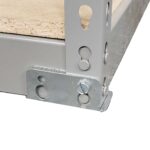 Close-up of a metal shelf corner with a beige wooden board on top. The metal frame shows multiple holes and rivets, with a screw on the bottom bracket securing the structure. The surface is metallic with a smooth finish.