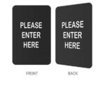 Two black rectangular ColorCore Sign Frame Bracket Inserts with white Please Enter Here text. Each features a 2-sided design, with one sign shown from the front and the other from the back, demonstrating its consistent appearance on both sides.