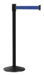 A black stanchion post with a blue retractable belt, typically used for crowd control or queue management. The belt extends horizontally from the top of the post. The base is round and sturdy.