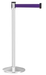 A silver retractable stanchion with a purple belt extended to the right. The base is round and flat.