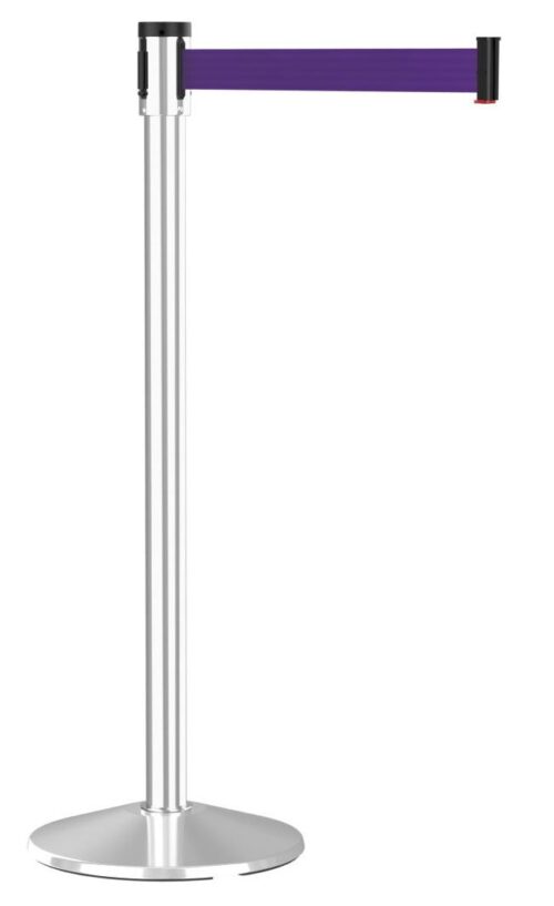 slim-line-polished-aluminum-visiontron-retractable-purple-belt-post-e1587578936379.jpg A silver retractable stanchion with a purple belt extended to the right. The base is round and flat.