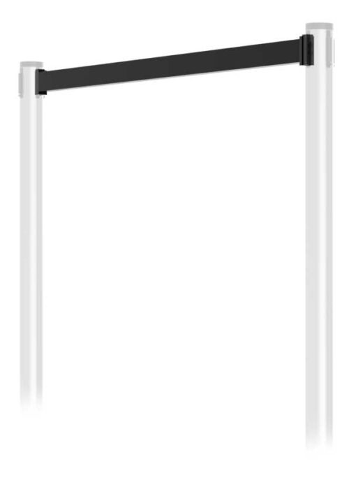 top-beam-panel-system-black-anodized-48x24-1.jpg A minimalist image features Visiontron Stanchion Post Top Beam with two vertical white posts linked by a sleek black top beam, set against a plain white background that accentuates the designs clean simplicity.