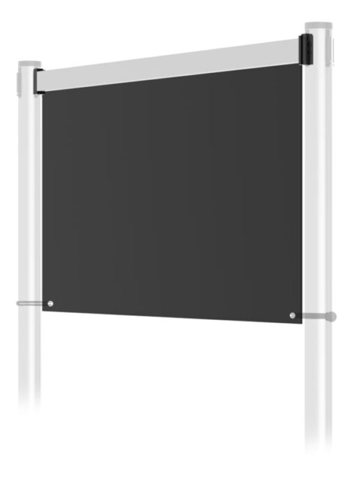 A sleek black rectangular panel with a silver frame and two vertical silver posts resembles the Visiontron Top Beam Panel System, standing elegantly against a white background like a sign or board.