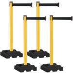 The Visiontron Utility Safety 300 Series Crowd Control Stanchion Bundle includes four yellow stanchions with 10 black belts and sturdy black bases, all arranged in a row.