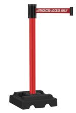 A red retractable belt barrier with Authorized Access Only written on the belt. The barrier includes a black base, suitable for restricting access in controlled areas.