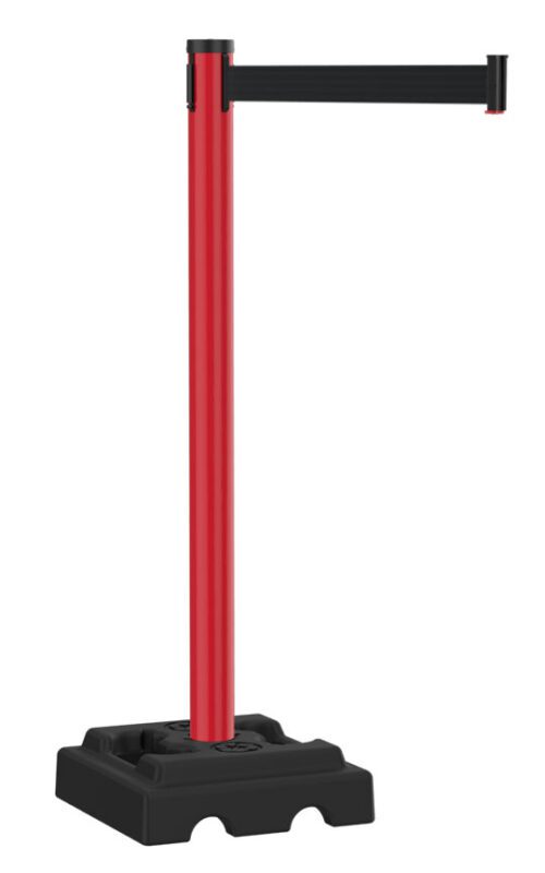 utility-safety-plastic-red-retractable-black-belt-post.jpg A retractable belt barrier with a red post, black belt, and black base, typically used for crowd control in public spaces.