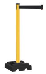 A yellow stanchion with a retractable black belt and a square black base. The design is sleek and modern, often used for crowd control or queuing systems.