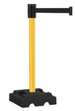 The Visiontron Utility Safety 300 Series Long Span Retractable Belt Yellow Stanchion, with a 15 belt, has a sturdy black base and is ideal for stable crowd control and foot traffic direction.