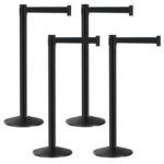 The Visiontron Value Series Retractable Belt Bundle, 10 Belt, includes four black stanchions with flat circular bases and adjustable belts. Ideal for crowd control or line management, these stanchions ensure reliable functionality in any setting.