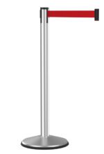 A silver stanchion with a retractable red belt. The belt is extended to the right, attached to the top of the stanchion. It has a round base for stability, commonly used for crowd control or queuing.