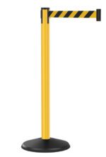 A yellow stanchion with a retractable black and yellow striped belt extending from the top, used for crowd control or designating restricted areas. The base is round and black.