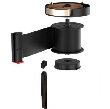 value-replacement-wall-mount-black-belt-15-1-e1667246543764.jpg An exploded view showcases the Visiontron Replacement Head for WM412 Series Wall Mounts, featuring components like a base, spool, and extended black belt, illustrating the barrier systems vertical mechanism.