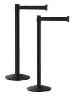 Meet the Visiontron Value Series Black Aluminum Retractable Belt Stanchion Set of 2. These stanchions, equipped with 10 belts, excel in crowd control while their round base and upright post add a sleek, stylish touch.