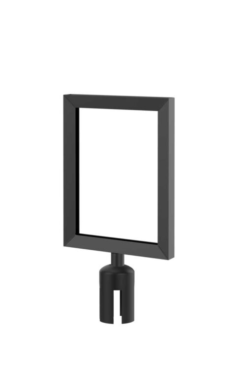 value-smooth-black-sign-frame-with-adapter-8x11-1.jpg The Visiontron Prime Sign Holder Frame Kit, 8.5 x 11 Black or Chrome, features a sleek black rectangular design with a mounting attachment at the bottom, available against a plain white background for a sophisticated look.
