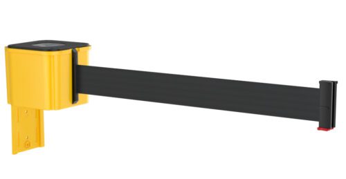 The Visiontron WM412 Series Wall Mounted Barrier, with a 15 black belt and striking yellow design, ensures reliable crowd control and safety. Its sturdy rectangular base allows for easy wall attachment, promoting efficient space management.