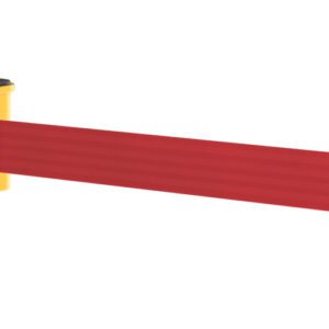 A yellow wall-mounted retractable barrier with an extended red belt. The yellow casing is rectangular with a black top, and the belt extends to a black clip for attachment.