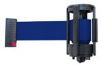 A black wall-mounted retractable barrier with a 10 blue strap extended, equipped with a left-side locking mechanism and compatible with the Replacement Cassette for Visiontron G4 Value Series Belt, 10 Belt.