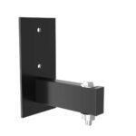 The Visiontron Wall Mounting Plate for the W6500 Series is a black metal bracket with two screw holes, featuring an angled design showcasing its flat base and extended arm with a bolt, ideal for mounting or supporting equipment.