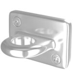 The Visiontron Rope Wall Plate for Stanchion Hanging Rope is shiny with a circular loop, secured by two screws on each side. Its smooth, reflective design and sturdy build are perfect for stanchion ropes.