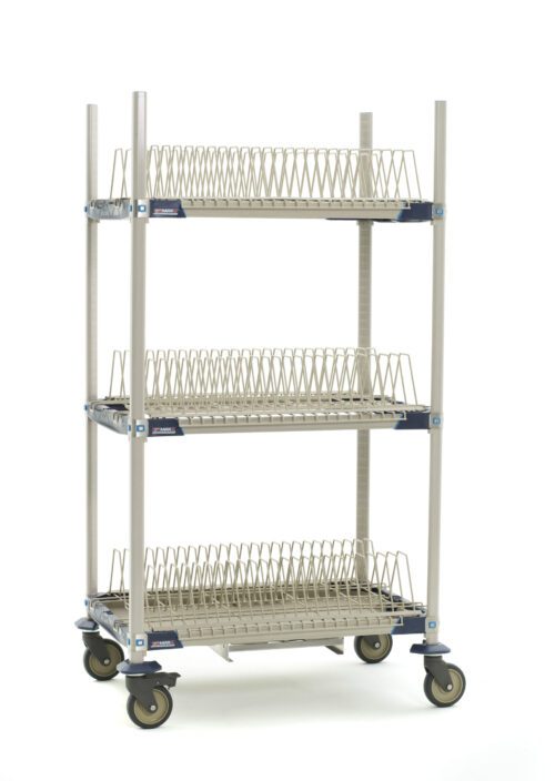 Introducing the MetroMax i PR36VX2-XDR Mobile Drying Rack with Three Tray Racks, measuring 26 x 38 x 68. It features a sleek metal design with slatted shelves, a drip tray, and a plain white finish. The rack glides effortlessly on four swivel wheels.