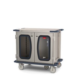The CoSalle-labeled Metro CaseVue CV36LC-5B Surgical Case Cart features a gray finish, dark blue edges, and clear doors. It measures 45.5W x 28D x 40.625H with 5th wheel steering, ideal for storing medical equipment.