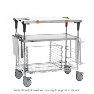 The Metro MS1830-FGBR-PK2 PrepMate MultiStation 30 Prep Station with Accessory Pack 2 includes a solid galvanized top shelf, Brite Zinc wire bottom shelf, chrome posts, side handles, gray wheels, and an open wire design. Dimensions may differ from those shown.