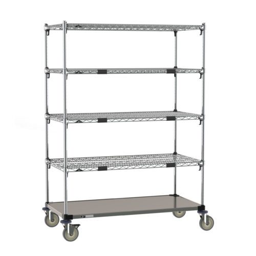 The Metro ECM55XA Super Adjustable Super Erecta Par Level Cart has a metal shelving unit with four wire shelves, a stainless steel bottom shelf, measures 24 x 48, and features four sturdy wheels for an open, industrial design perfect for versatile storage and organization.