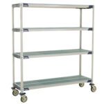 The MetroMax i X366EGX3 is a 4-shelf industrial plastic shelving cart with open grid shelves, measuring 18 x 60 x 67.3125. This sleek unit features silver metal and blue-accented corners on four wheels, creating an industrial look against a white background.
