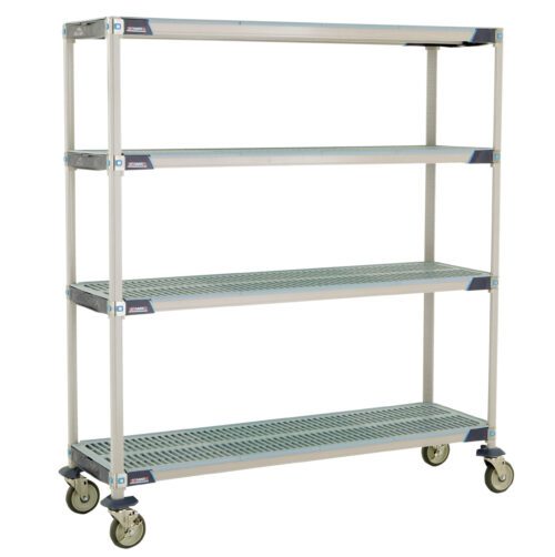 The MetroMax i X366EGX3 is a 4-shelf industrial plastic shelving cart with open grid shelves, measuring 18 x 60 x 67.3125. This sleek unit features silver metal and blue-accented corners on four wheels, creating an industrial look against a white background.