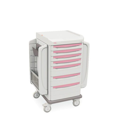 05vfyqx7suahr7v5gf2pp04kxmz1nfe0.jpg The Metro SXRSBED Starsys Bedside Cart boasts a stylish gray and pink design with multiple drawers. It has four wheels for easy movement, side handles, a small side tray, and a flat top surface perfect for equipment or writing.