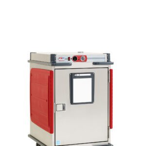 The Metro C5T5X-ASLA Heated Transport Cabinet features a 1/2 height design with a full-length solid door and transparent window, adjustable lip load slides, and operates efficiently at 220-240V, 50/60Hz. It includes a stainless steel flat top, wheels, and a digital control panel on the front.