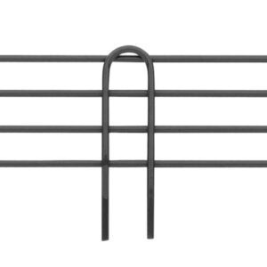 A black metal wine rack, with a minimalist design featuring two parallel rods and three U-shaped supports, resembles the sleek style of the Metro L30N-4BL Super Erecta 4 High Stackable Ledge for Wire Shelving, Black, 30.