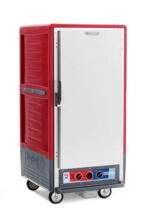 The Metro C537-MFS-U C5 3 Series Cabinet in red offers insulated moisture-heated holding/proofing with a full-length solid door, universal wire slides, and temperature controls on the front panel. Its mounted on wheels for mobility and operates at 120V, 60Hz with a power of 2000W.