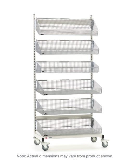 09z6xaidarblv8m3qxcjbaaq2l9wxuoc.jpg The Metro QB118-M6 qwikSIGHT Mobile Single-Sided 6-Basket Shelving Unit, 18 L, is a tall white metal storage rack on wheels with mesh baskets. Note: Actual dimensions may vary from product shown. The rack is set against a plain background.
