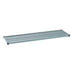 The MetroMax Q MQ2172G Plastic Industrial Shelf with Grid Mat, measuring 21 x 72, features a light blue finish and perforated surface with corner supports for style and functionality.