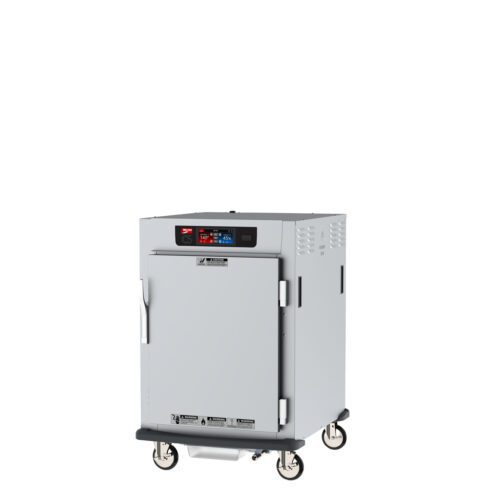 On a white background, the silver Metro C595X-SFS-UPFS C5 9 Series cabinet with wheels showcases a digital temperature display. It controls humidity, features a full-length solid door, and operates at 50/60Hz for efficient heated holding and proofing.