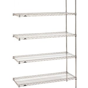 The Metro 5AN457C Super Erecta 5-Shelf Industrial Wire Shelving Add-On Unit in chrome measures 21 x 48 x 74 and includes adjustable shelves supported by four vertical poles.