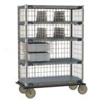 The Metro ECT55DX3 MetroMax i Deluxe Transport and Exchange Cart, 24 x 48, has a robust five-shelf system on wheels with durable metal grid frames, using various-sized gray plastic bins ideal for managing heavy loads.