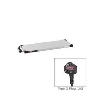 The Metro HSX1436-UK Super Erecta Hot Shelf is a 14 x 36 rectangular aluminum heater with a Type G plug (UK), operating at 336-400W and 220-240V. It features a power cord from one corner and displays an inset close-up of the plugs shape and three prongs.