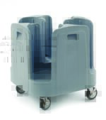 The Metro PCD12 Poker Chip Dish Dolly expertly transports 12 plates with four vertical sections, swivel caster wheels, and a durable gray plastic design, ideal for busy kitchens or restaurants.