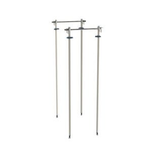 The Metro MQTTA24 Top-Track Stationary Intermediate Unit Kit includes two durable, folding telescopic epoxy-coated steel poles with black rubber feet and height-adjustable clamps, connected by horizontal bars for stability and easy transport, perfect for 24 wide MetroMax shelving.