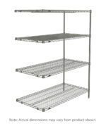 The Metro AN416BR Super Erecta features four evenly spaced wire shelves on sturdy vertical poles, measuring 21 x 24 x 63, though dimensions may vary.