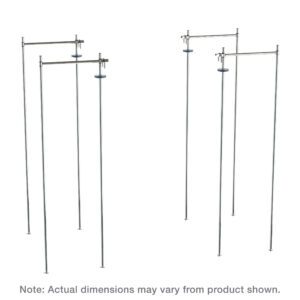 Four telescopic poles with adjustable heights, a cylindrical base, and a round flat top are shown against a white background, similar to the Chrome Metro TTE21C Top-Track Stationary End Unit Kit for 21 Wide Super Erecta Wire Shelving. Note: Actual dimensions may vary from product shown.