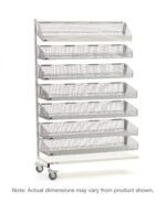 The Metro QB118-M7A qwikSIGHT Mobile Single-Sided 7-Basket Shelving Add-On Unit, 18 L, features six slanted wire mesh baskets on a sturdy metal frame with four wheels, ideal for vertical storage and display. Note: Actual dimensions may vary slightly.