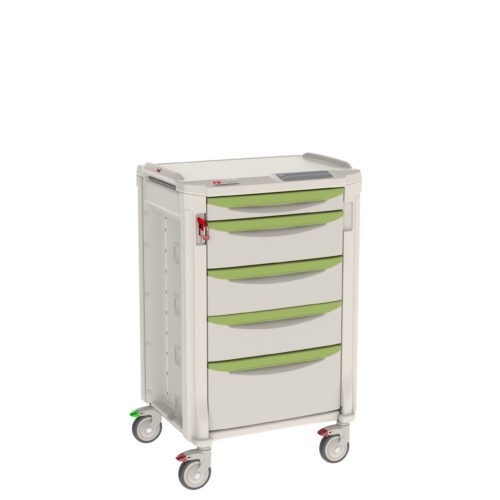 The Metro FLNP13100 Flexline Medical Cart has five green drawers, a durable gray frame, four caster wheels, and a red lock on the top drawer for securely storing essential medical supplies and equipment.