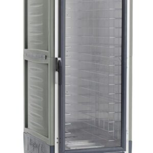 The full-height Metro C539-CLFC-4-GYA C5 3 Series Insulated Holding/Proofing Cabinet in gray features a full-length clear door, fixed wire slides, bottom front controls with temperature display, wheels, and operates on 120V, 60Hz, 1440W power.