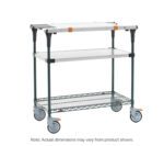 The Metro MS1848-FSNK-PK1 PrepMate MultiStation 48 features a solid stainless steel top shelf and a Metroseal green epoxy wire bottom shelf with stainless steel posts. It has four swivel casters, two with brakes, and adjustable black corner supports with orange accents.