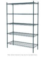 The Metro 5N327K3 Super Erecta Shelving Unit features versatile storage with five adjustable shelves, a sturdy frame of vertical posts and metal grids, all finished in Metroseal Green Epoxy. Dimensions are 18 x 30 x 74.