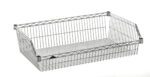 The Metro BSK1824NC Super Erecta Basket Shelving, 18 x 24, features a sleek chrome finish with an open design, reinforced edges, and a durable grid pattern on the base and sides—ideal for storage or organization.